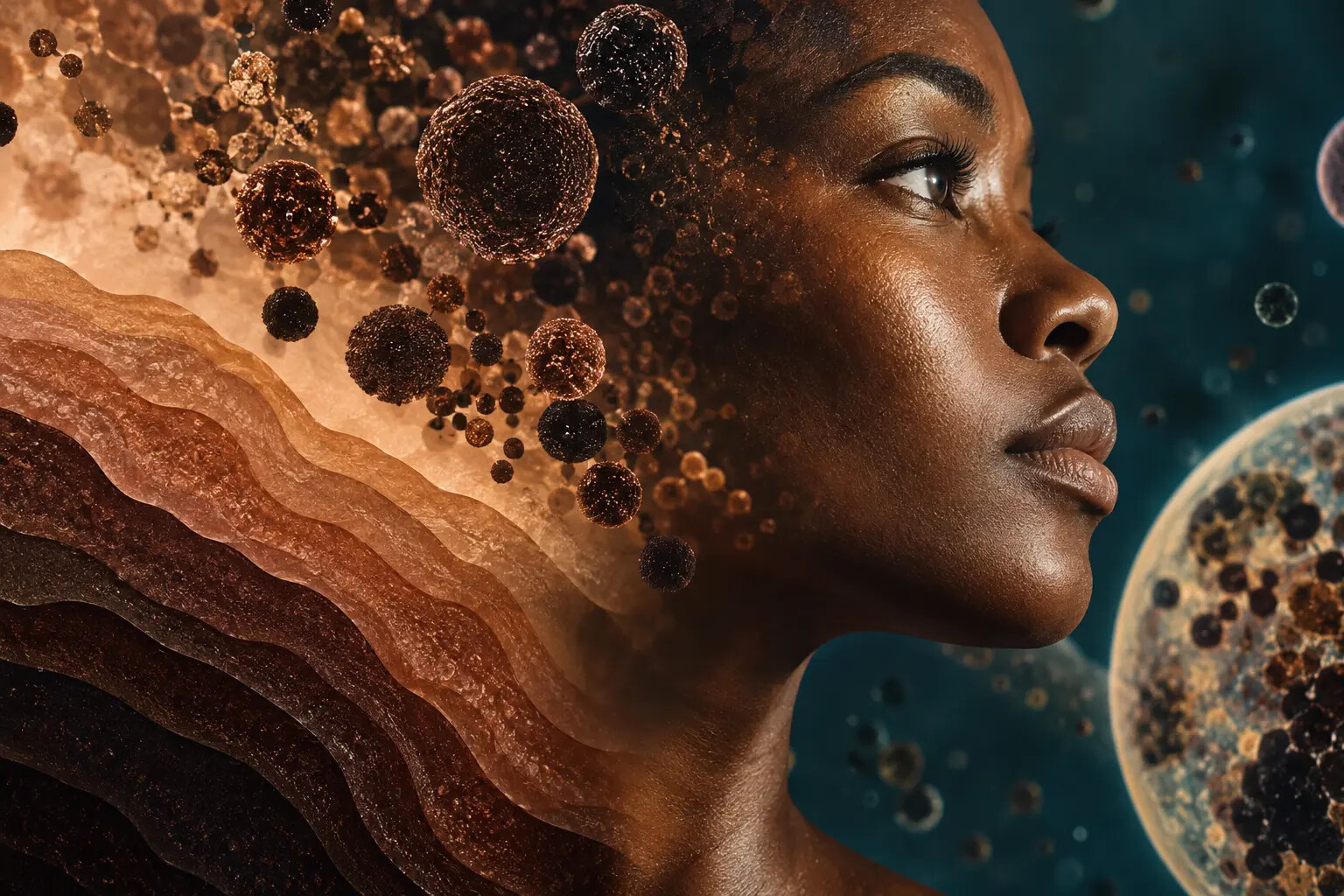 Conceptual portrait with abstract pigment-like forms representing melanin biology