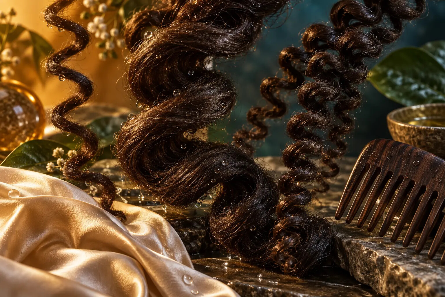Sculptural natural hair coils with water droplets, silk, and a wide-tooth wooden comb