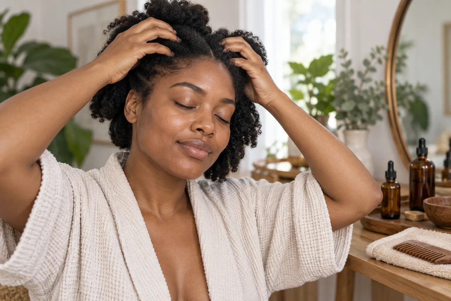 Woman gently massaging her scalp during a calm natural hair care routine