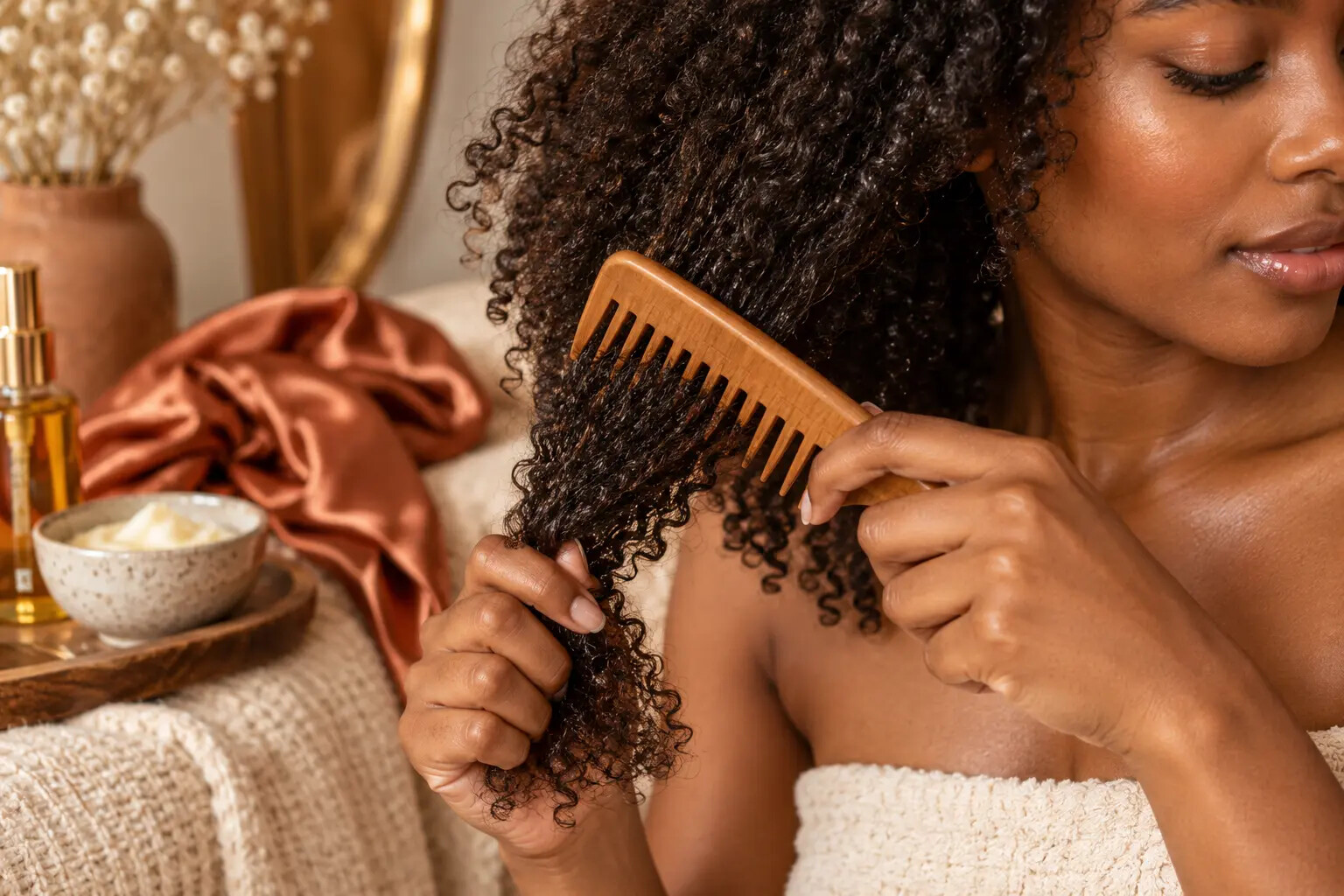 Close-up of natural hair being gently detangled with fingers and a wide-tooth comb
