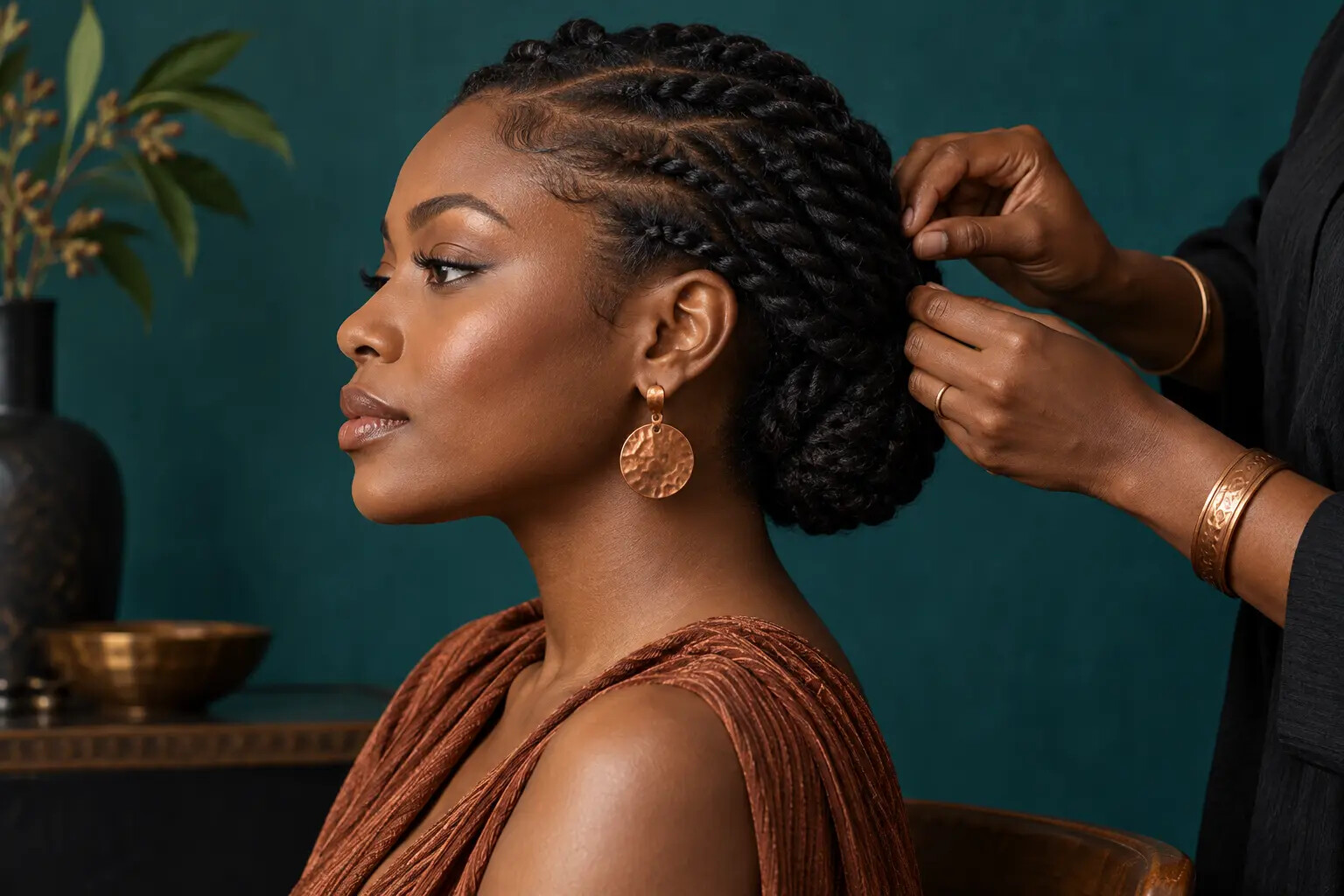 Gentle low-tension twist updo being finished by a stylist