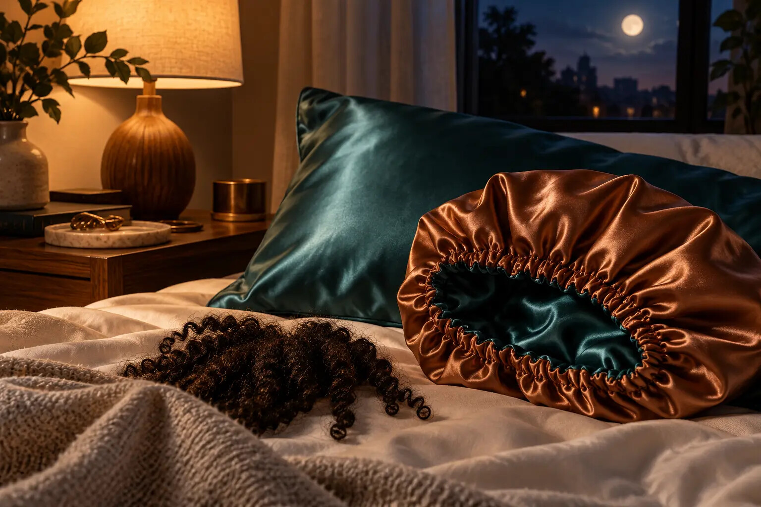 Copper bonnet and deep teal satin pillowcase arranged on a bed at night