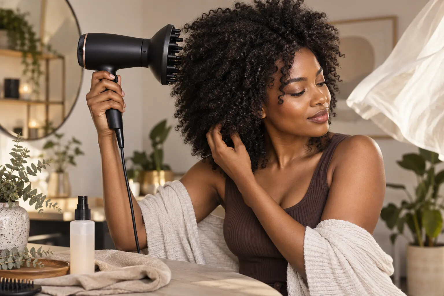 Woman using a diffuser on natural hair in a bright home studio