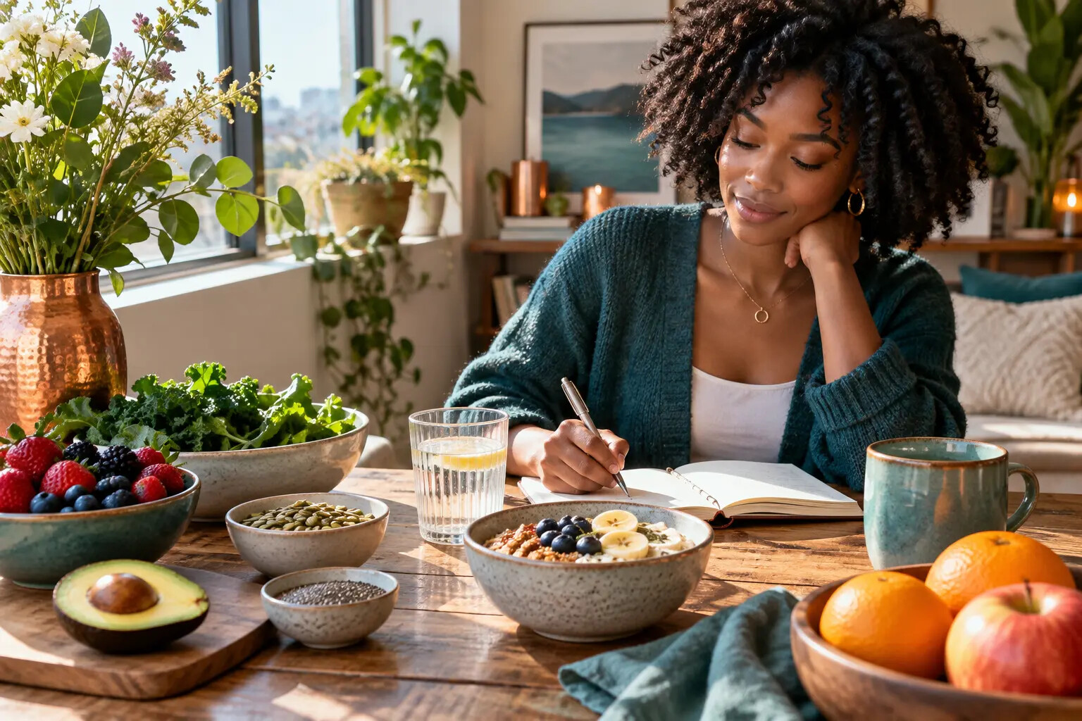 Woman journaling beside a balanced breakfast and fresh produce