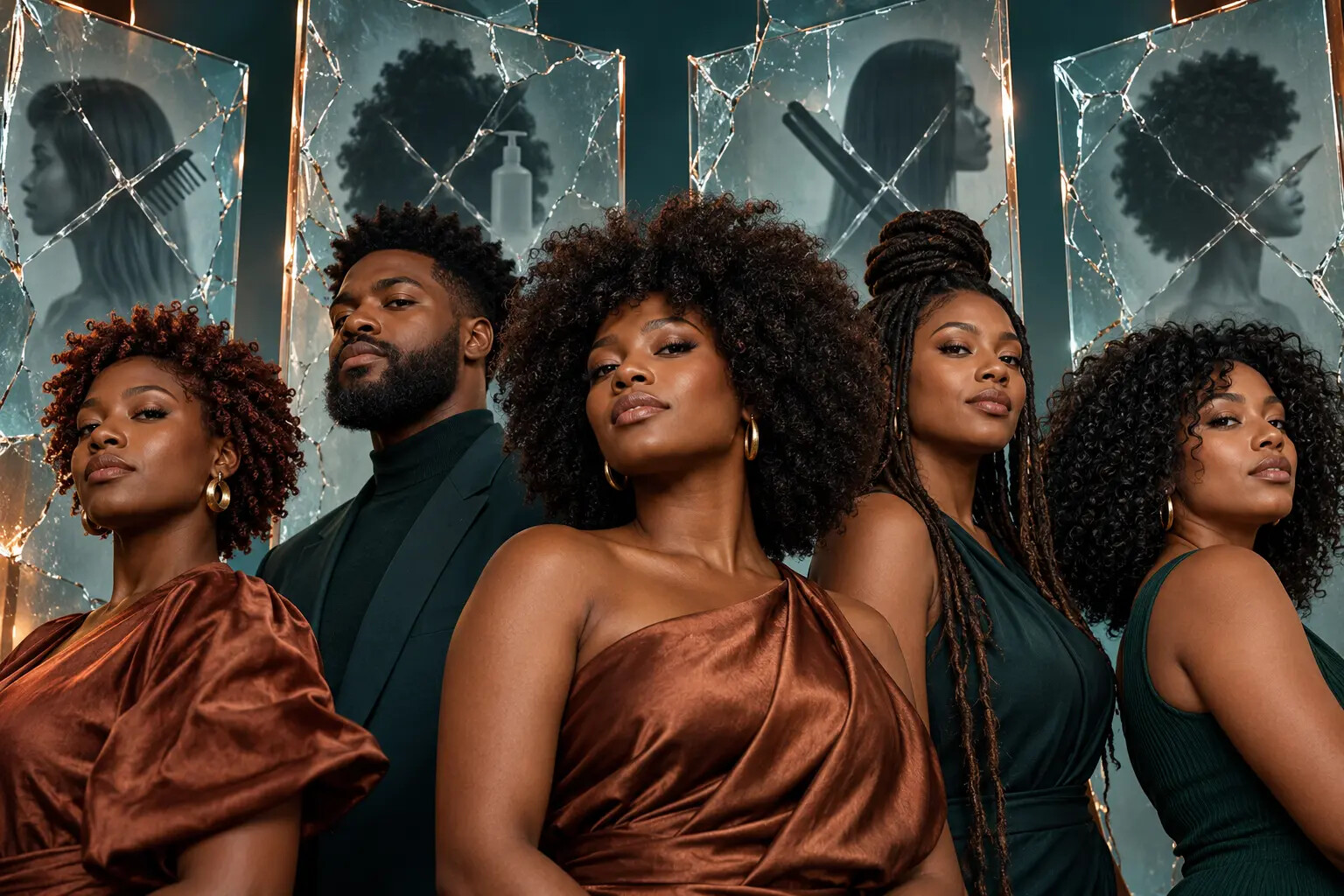 Confident group with varied natural hairstyles before cracked reflective panels