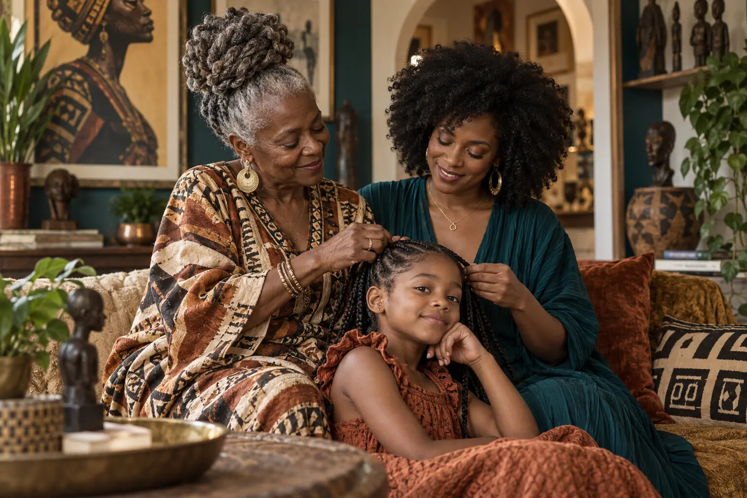 Three generations sharing a warm natural hair-braiding moment at home