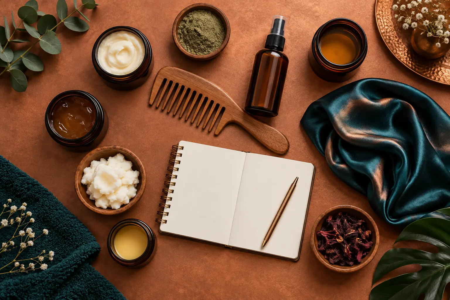 Overhead natural hair routine planner with comb, jars, scarf, and blank notebook