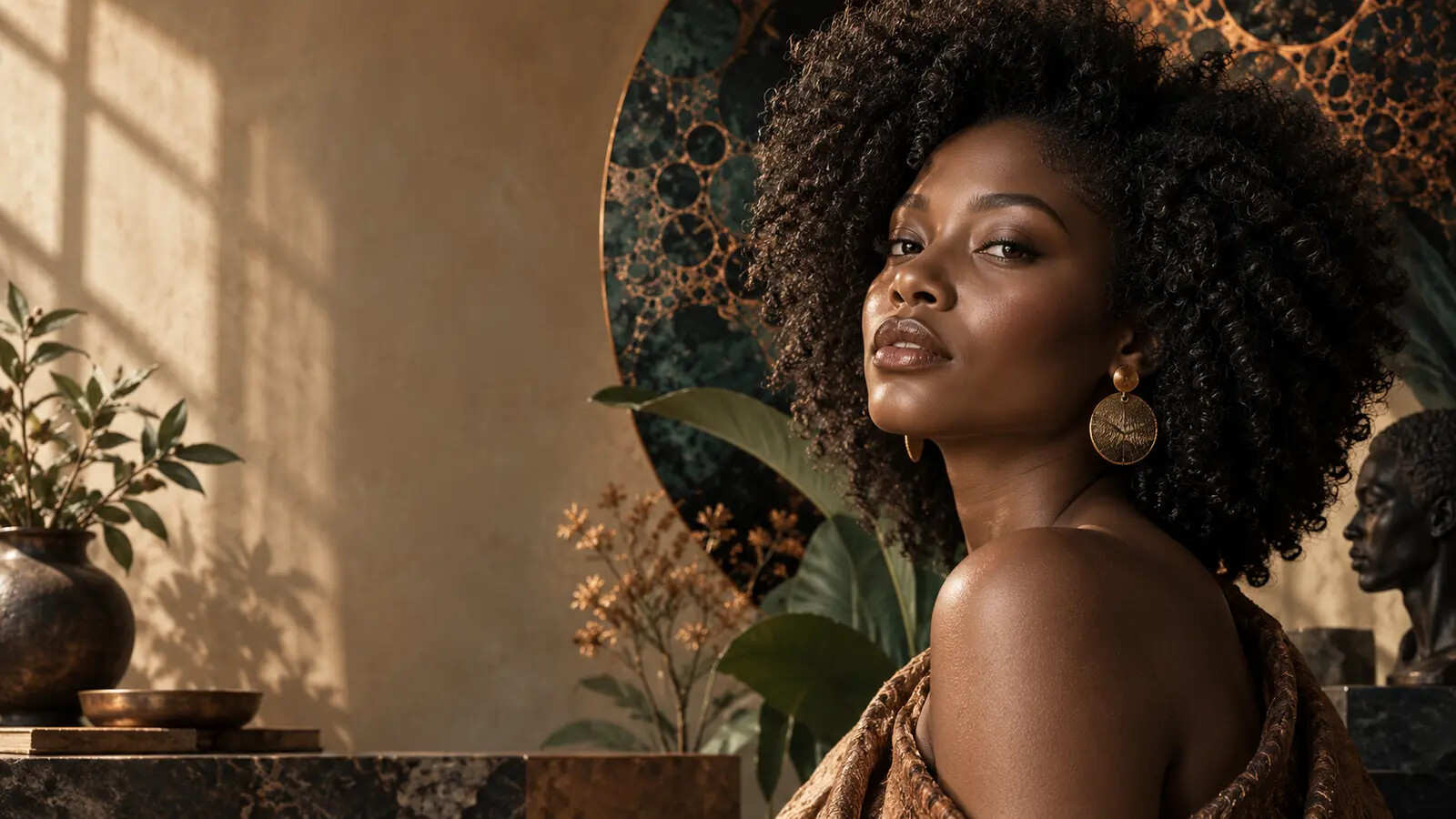 Black woman with natural hair in a warm copper and teal editorial setting